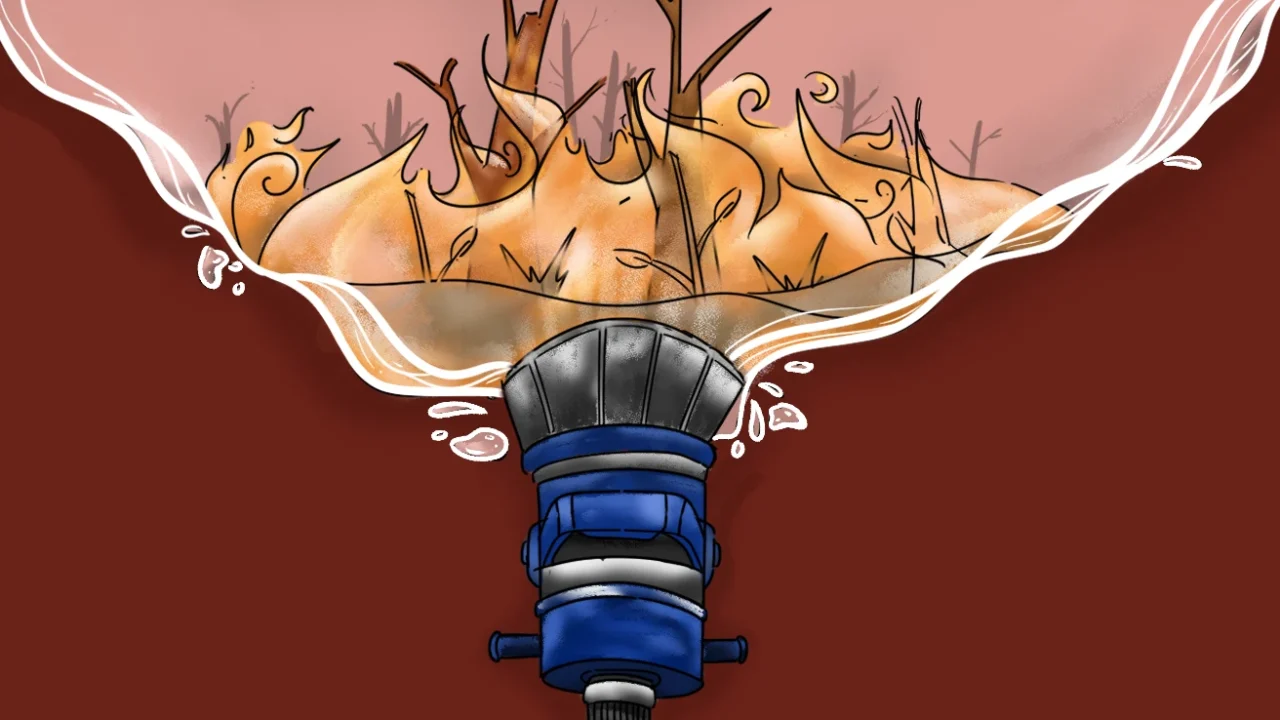 A fire hose nozzle spraying upward, revealing a peat forest fire within the water arc.