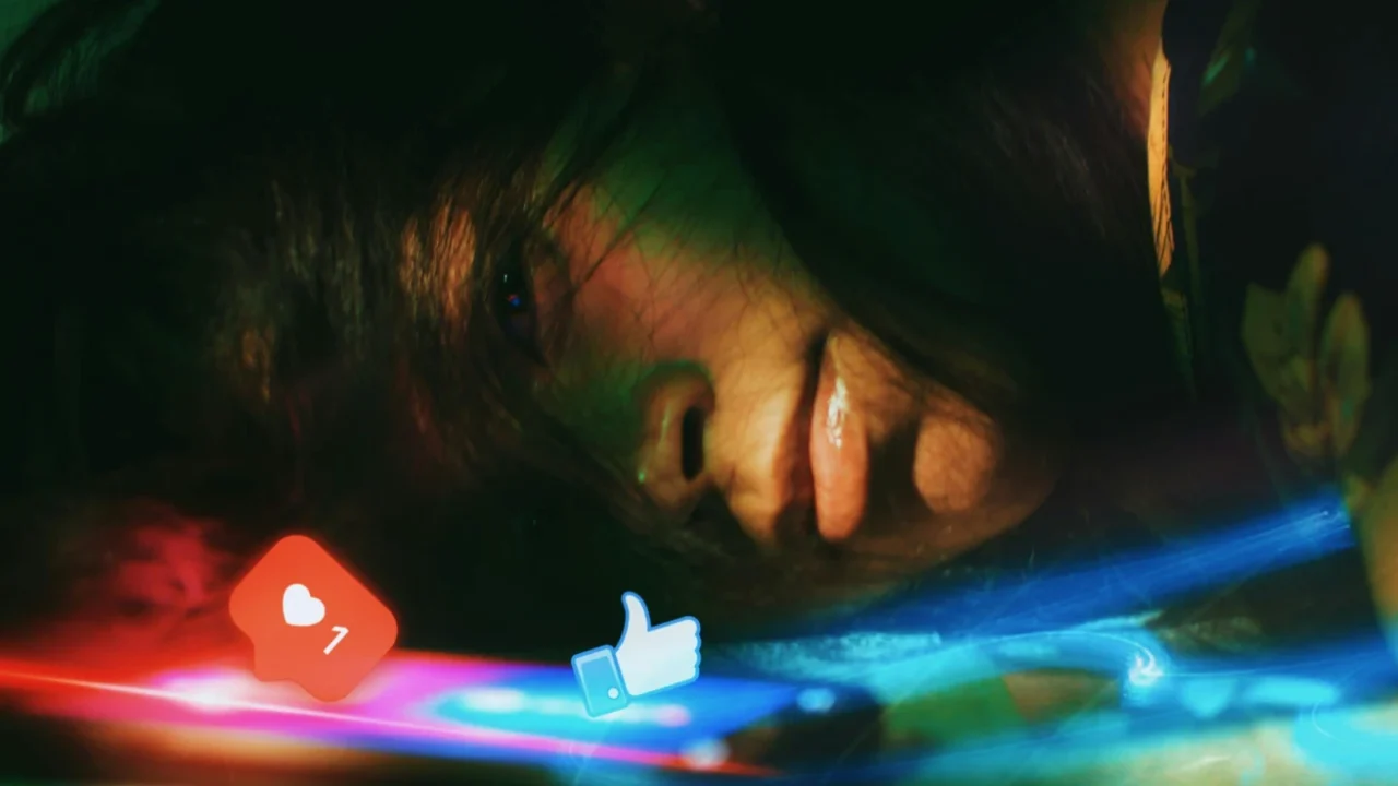 A young woman lying on her side, looking at a smartphone, with a glowing social media like and heart icon reflected on her face.