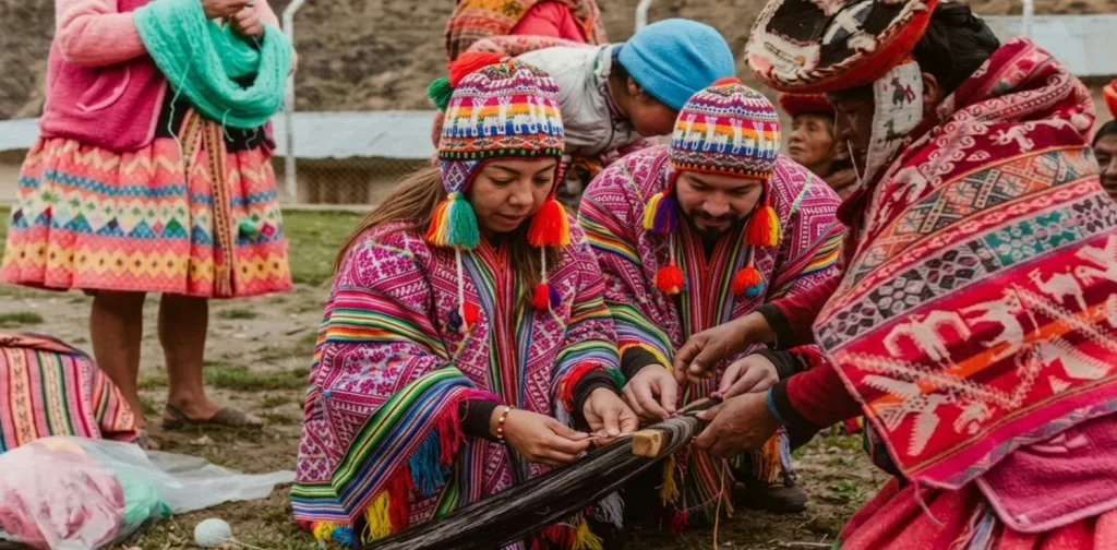 Several individuals in traditional clothing working together on a weaving loom outdoors, while others stand nearby observing.