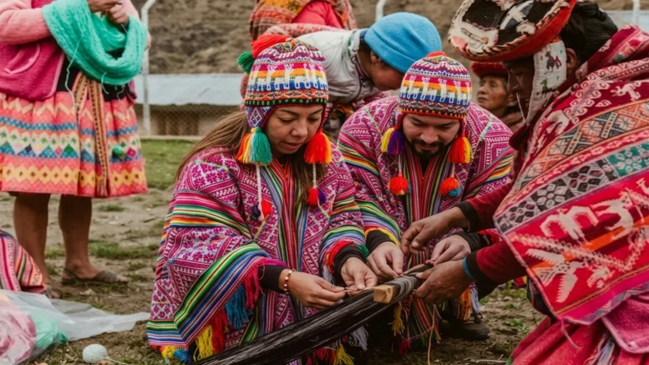 Several individuals in traditional clothing working together on a weaving loom outdoors, while others stand nearby observing.