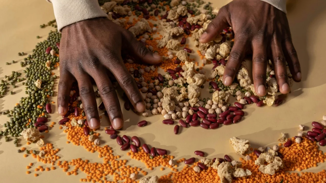 two hands mixing various beans and grains on a table