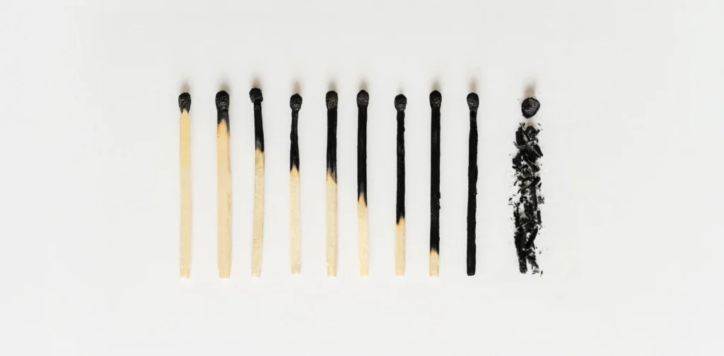 a row of burnt matches that gets more burnt and destroyed from left to right