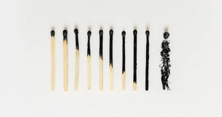 a row of burnt matches that gets more burnt and destroyed from left to right