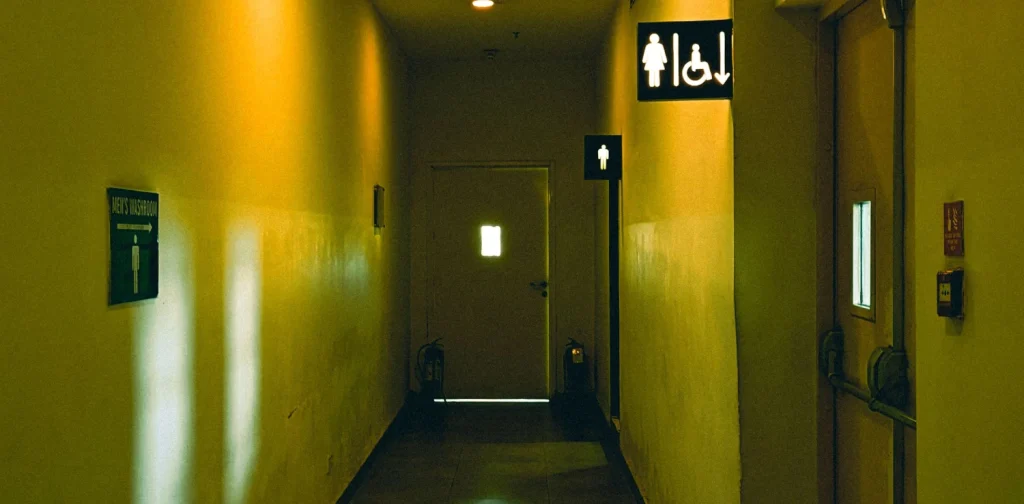 a hallway with yellow lighting with signs for a male restroom further back and female restroom and disability signs side by side