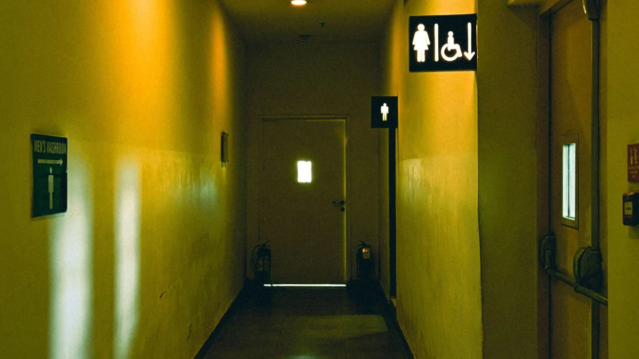 a hallway with yellow lighting with signs for a male restroom further back and female restroom and disability signs side by side