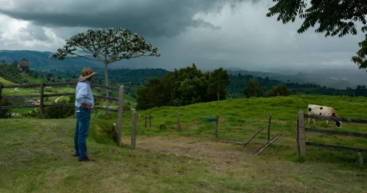 A farmer stands in a grassy pasture, looking toward dark storm clouds gathering over rolling farmland and distant hills. A cow grazes nearby behind a wooden fence.