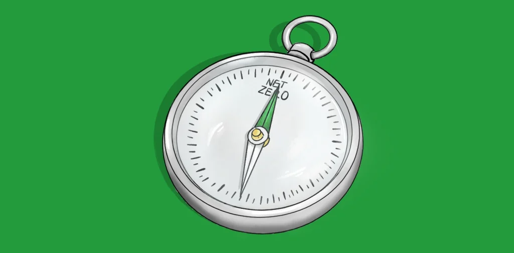 Illustration of a pocket compass with its needle pointing toward the words "Net Zero" on the compass face, against a green background.