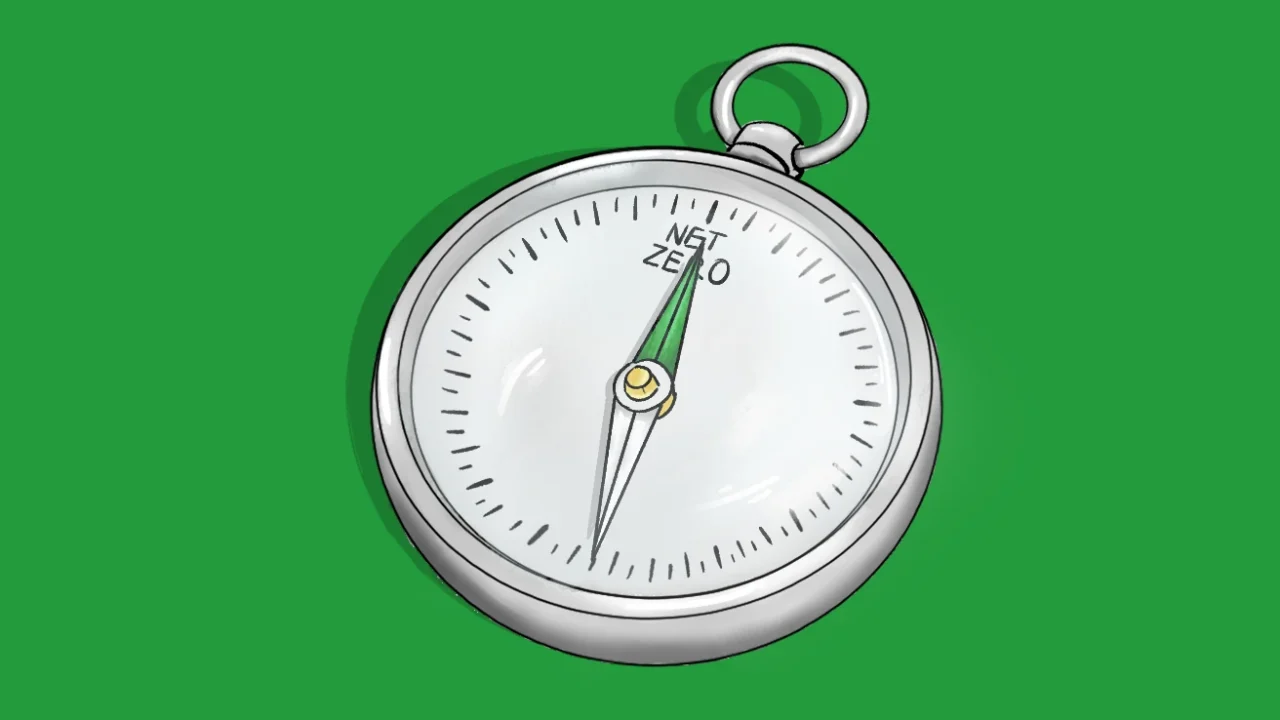Illustration of a pocket compass with its needle pointing toward the words "Net Zero" on the compass face, against a green background.