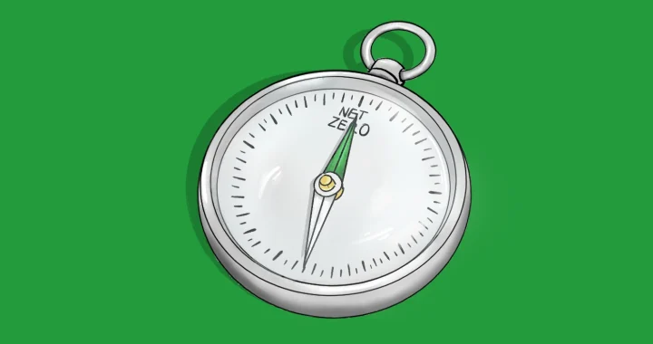Illustration of a pocket compass with its needle pointing toward the words "Net Zero" on the compass face, against a green background.