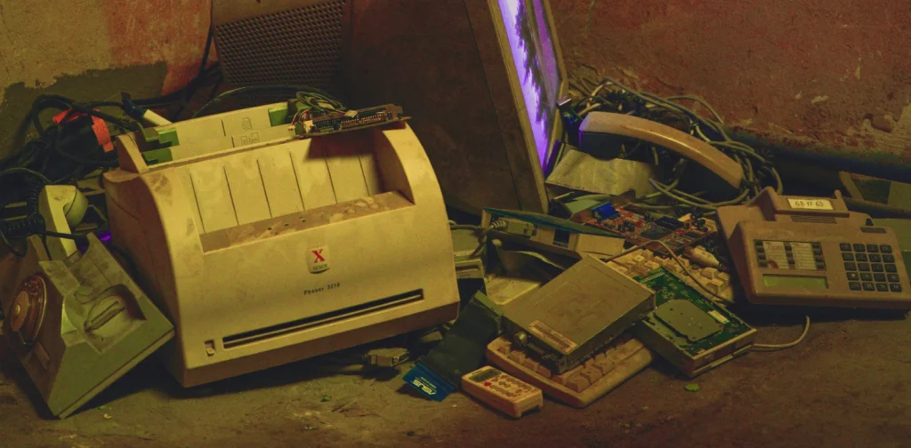 Discarded electronic devices, including a CRT monitor, printer, keyboard, and telephone, piled together as electronic waste.
