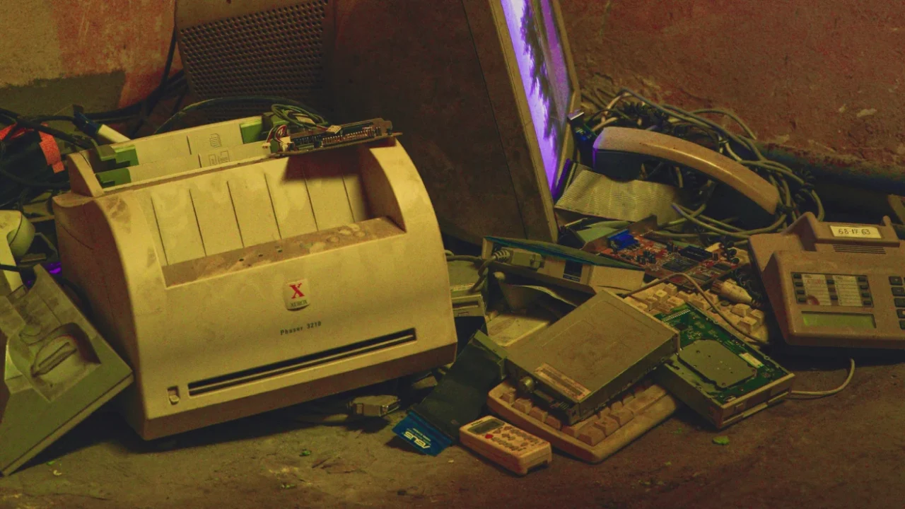 Discarded electronic devices, including a CRT monitor, printer, keyboard, and telephone, piled together as electronic waste.