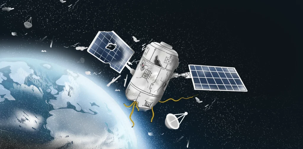 A damaged satellite orbiting Earth, surrounded by space debris including broken satellite dishes and fragments, with two solar panels and dangling yellow wires.