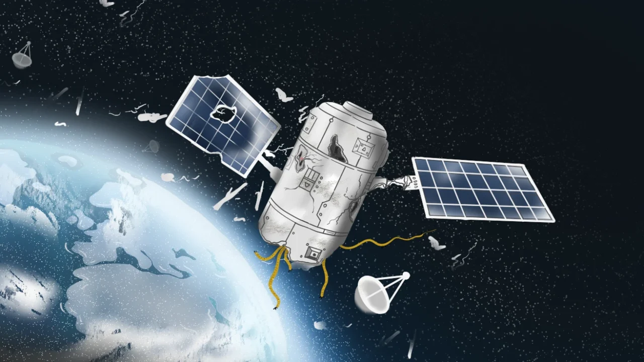 A damaged satellite orbiting Earth, surrounded by space debris including broken satellite dishes and fragments, with two solar panels and dangling yellow wires.