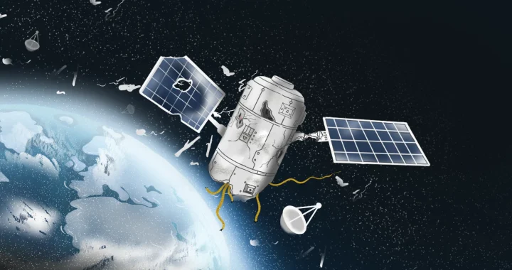 A damaged satellite orbiting Earth, surrounded by space debris including broken satellite dishes and fragments, with two solar panels and dangling yellow wires.