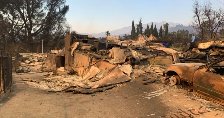 A burnt home and vehicle destroyed by the Eaton Fire in California, 2025.