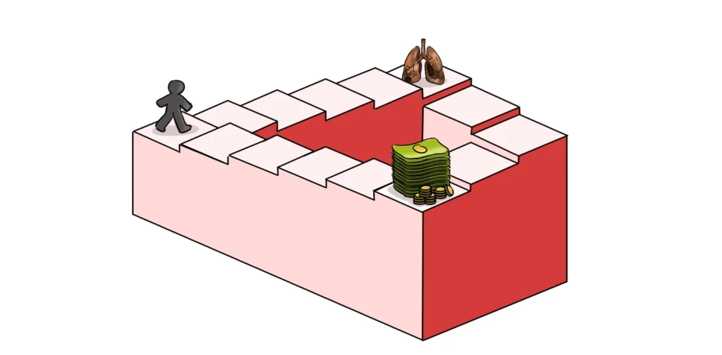 A Penrose staircase illustration where a figure endlessly climbs toward damaged lungs at the top, with a stack of money on a lower step