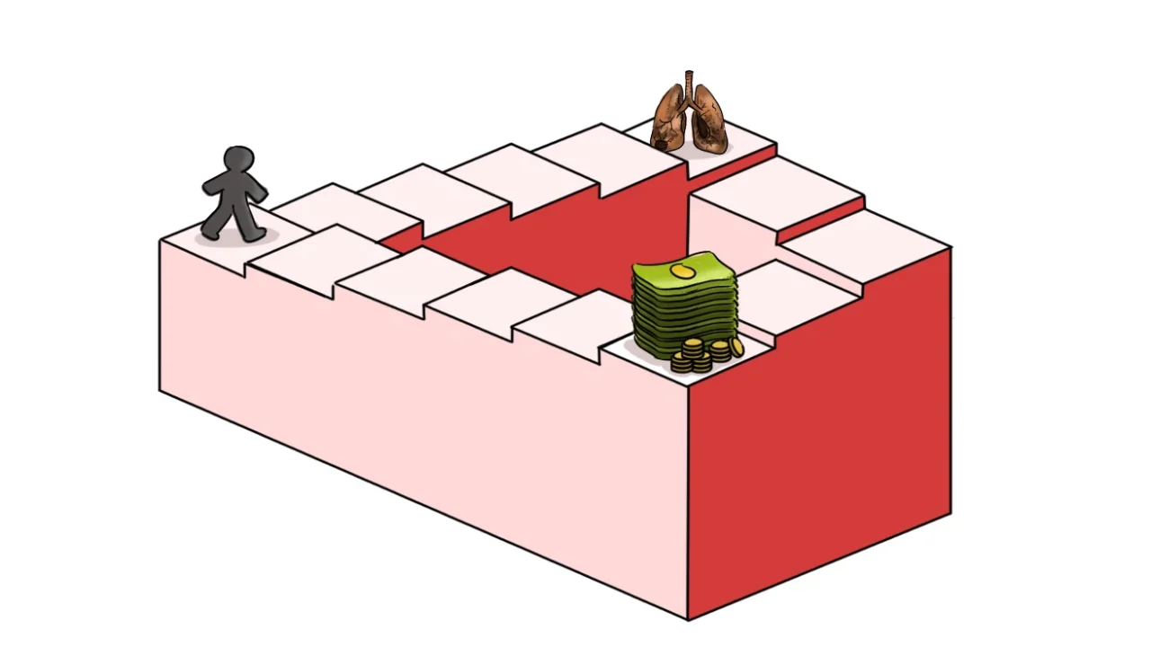 A Penrose staircase illustration where a figure endlessly climbs toward damaged lungs at the top, with a stack of money on a lower step