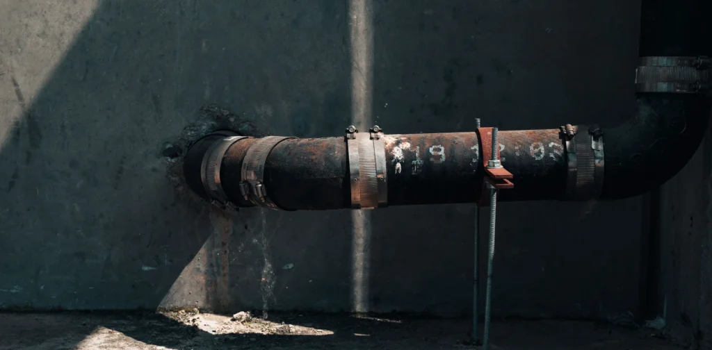 a leaking water pipe from a wall of a building