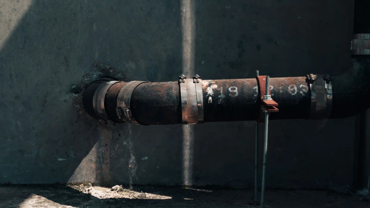 a leaking water pipe from a wall of a building