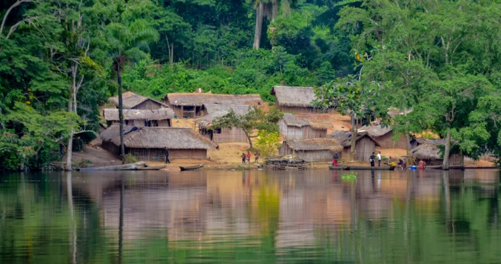 a village nestled between a basin and a forest