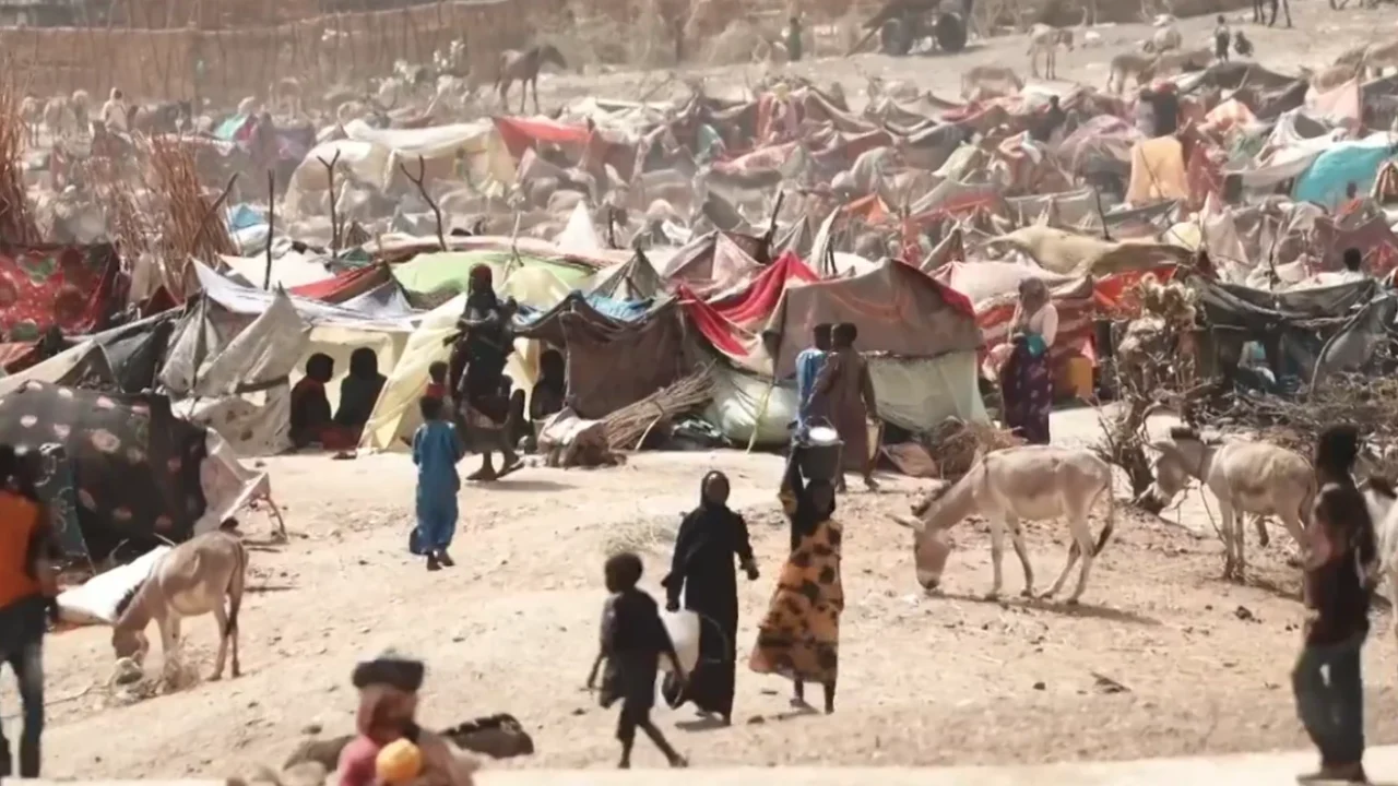 A Sudanese refugee camp in eastern Chad, showing rows of shelters where families fled after crossing the border from Darfur.