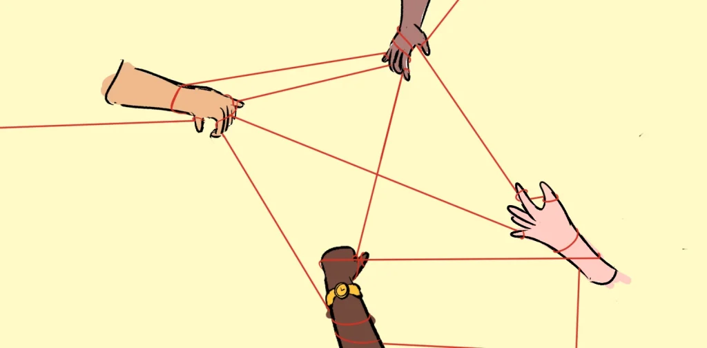 an illustration of four hands tangled in interconnect web of threads