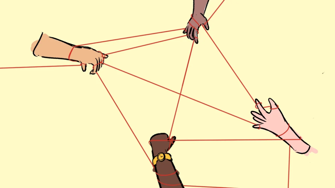 an illustration of four hands tangled in interconnect web of threads