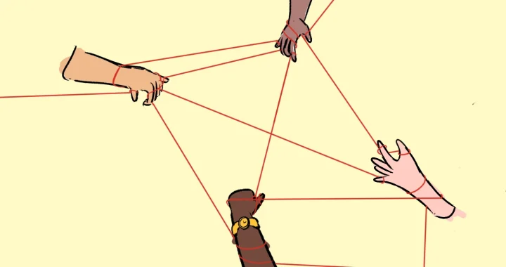 an illustration of four hands tangled in interconnect web of threads