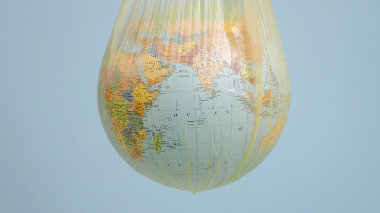 a globe hanging in a yellow plastic bag