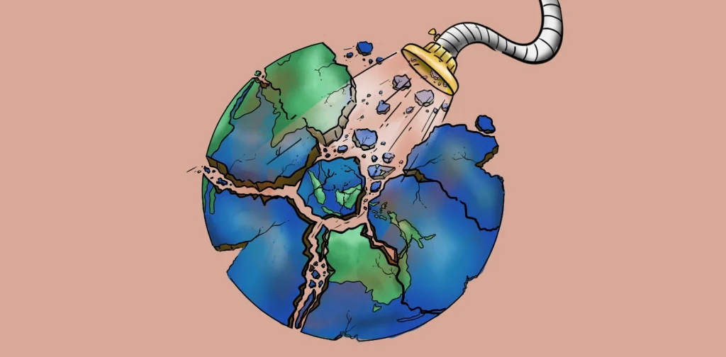 Illustration of Earth cracked into pieces, being sucked apart by a hose