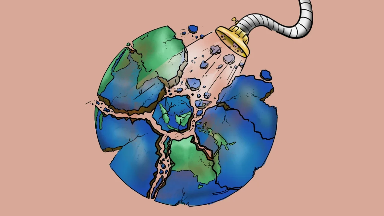 Illustration of Earth cracked into pieces, being sucked apart by a hose