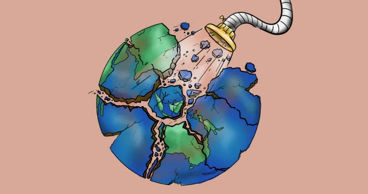 Illustration of Earth cracked into pieces, being sucked apart by a hose