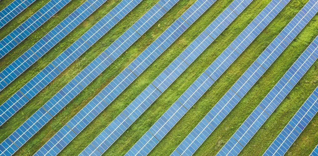 aerial view of rows of solar panels stretch across a grassy field