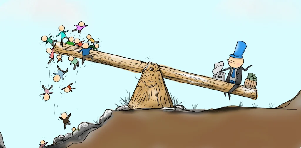 A wealthy man in a top hat sits on the heavy end of a seesaw, weighed down by a money sack, while a crowd of small figures is flung into the air off the raised end.