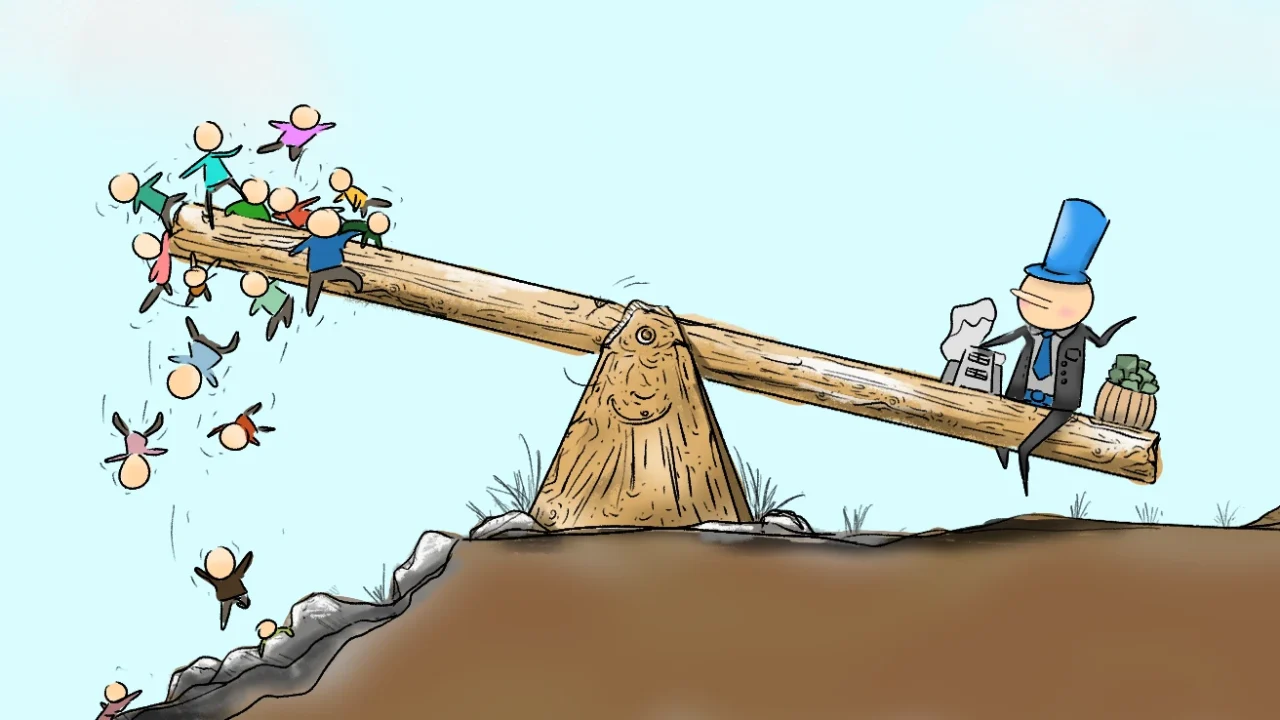 A wealthy man in a top hat sits on the heavy end of a seesaw, weighed down by a money sack, while a crowd of small figures is flung into the air off the raised end.