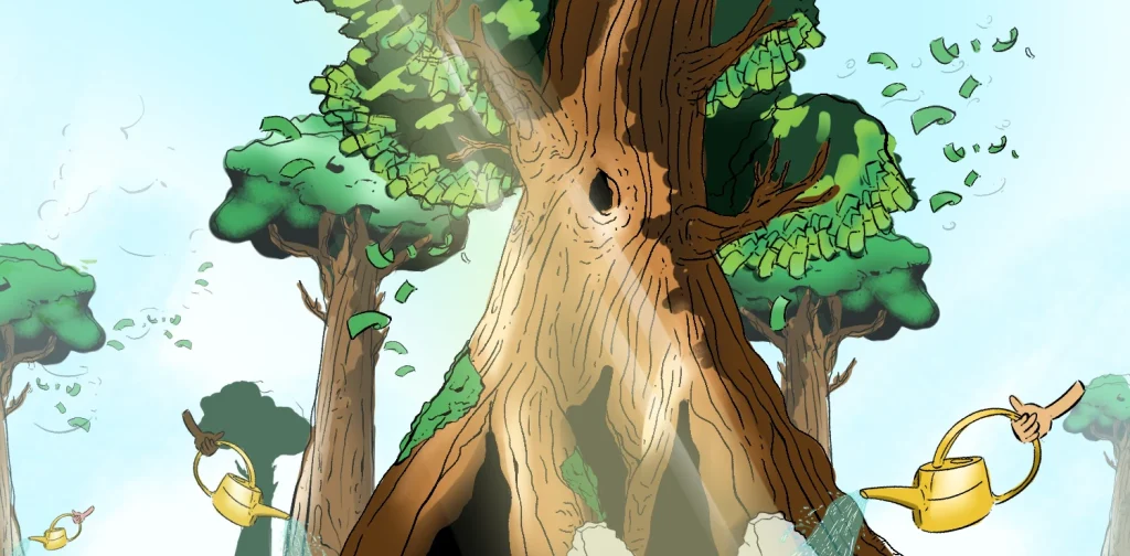 Illustration of a giant tree with money-like leaves, watered by golden watering cans held by hands from the edges