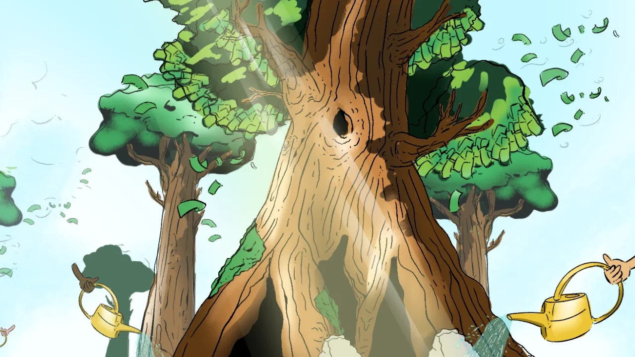 Illustration of a giant tree with money-like leaves, watered by golden watering cans held by hands from the edges