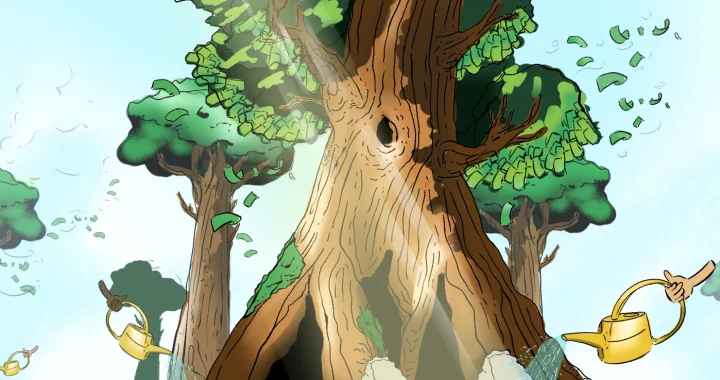 Illustration of a giant tree with money-like leaves, watered by golden watering cans held by hands from the edges