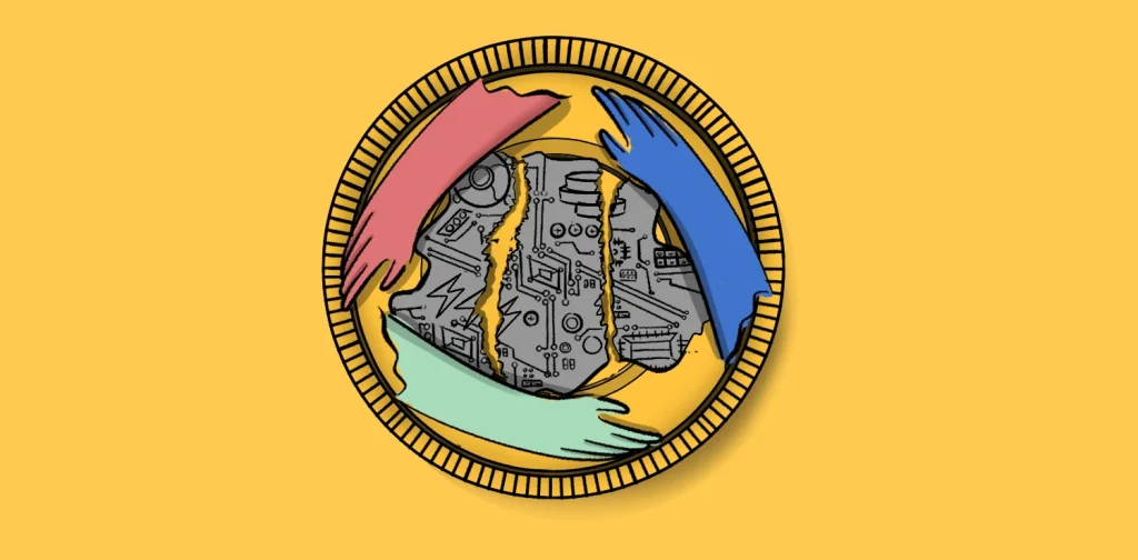 Illustration of a gold coin on a yellow background, with red, blue, and green hands reaching in from the edges to hold together a torn gray circuit board at its center.