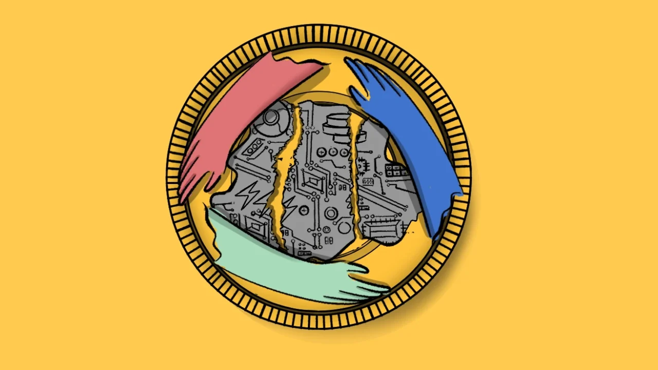 Illustration of a gold coin on a yellow background, with red, blue, and green hands reaching in from the edges to hold together a torn gray circuit board at its center.