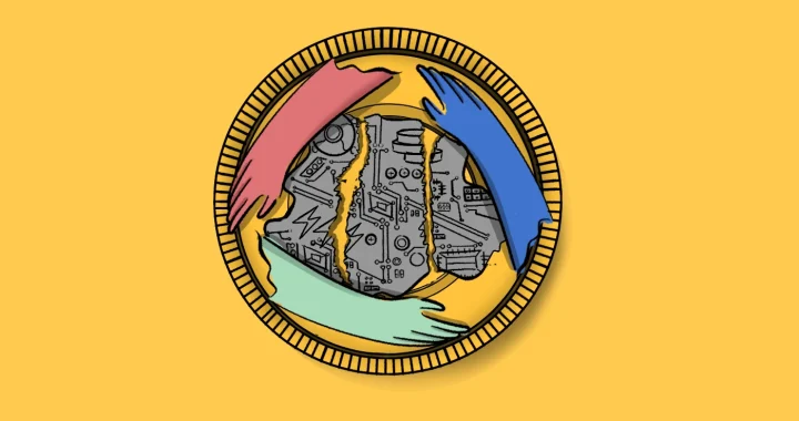 Illustration of a gold coin on a yellow background, with red, blue, and green hands reaching in from the edges to hold together a torn gray circuit board at its center.