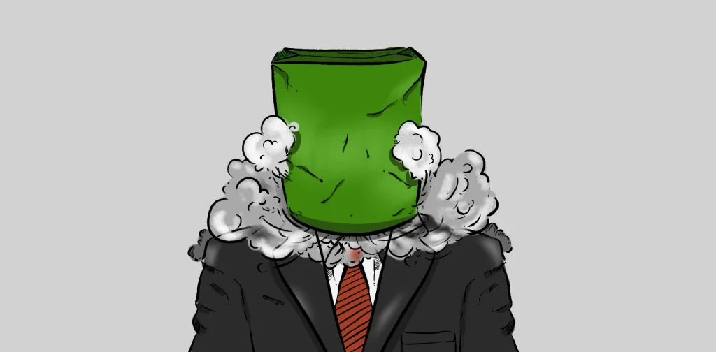 Illustration of a faceless figure in a black suit, white shirt, and red striped tie, with a green paper bag over their head and thick gray and white smoke billowing from around the neck