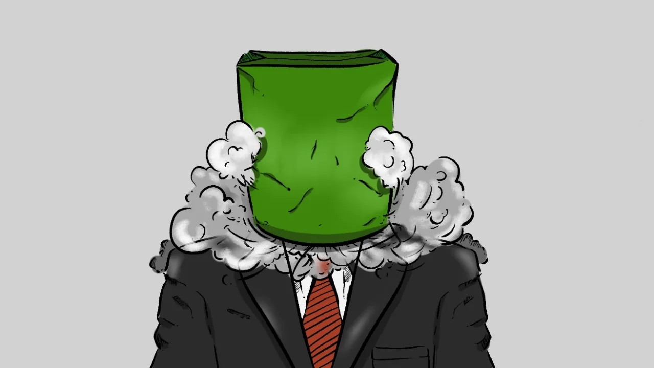 Illustration of a faceless figure in a black suit, white shirt, and red striped tie, with a green paper bag over their head and thick gray and white smoke billowing from around the neck